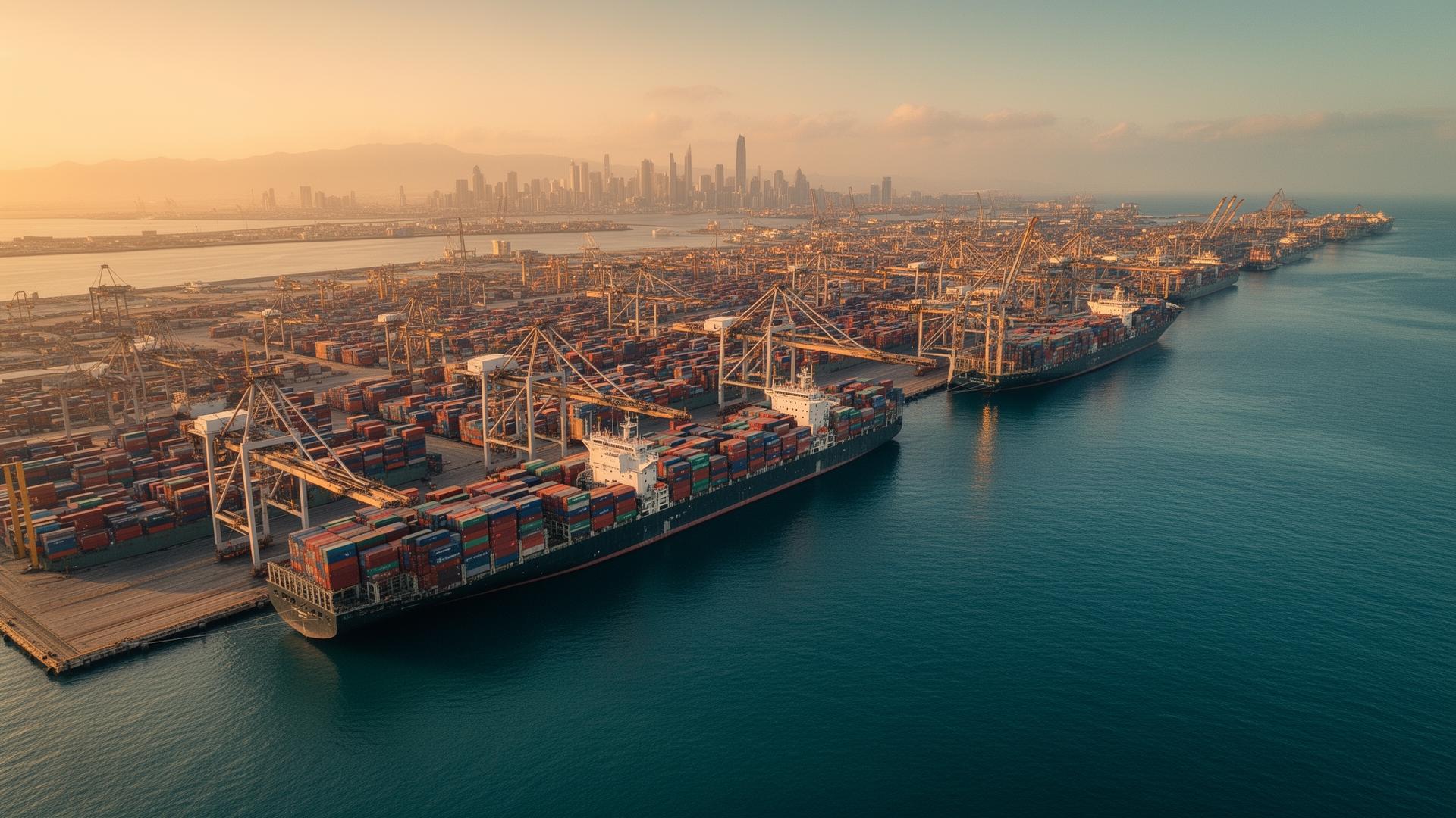 International shipping port at golden hour